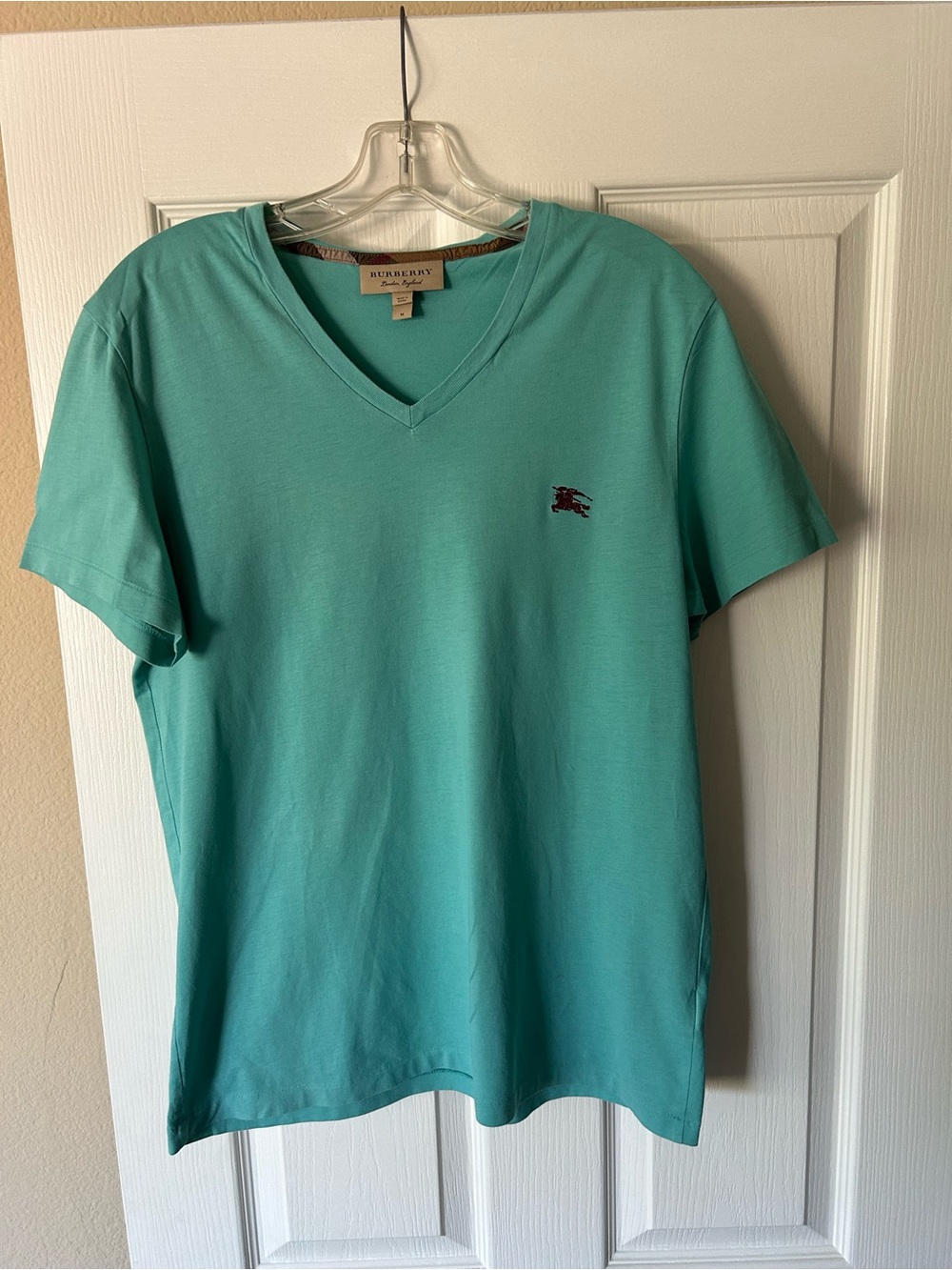 Burberry Men’s V-Neck Tee in Aqua Blue